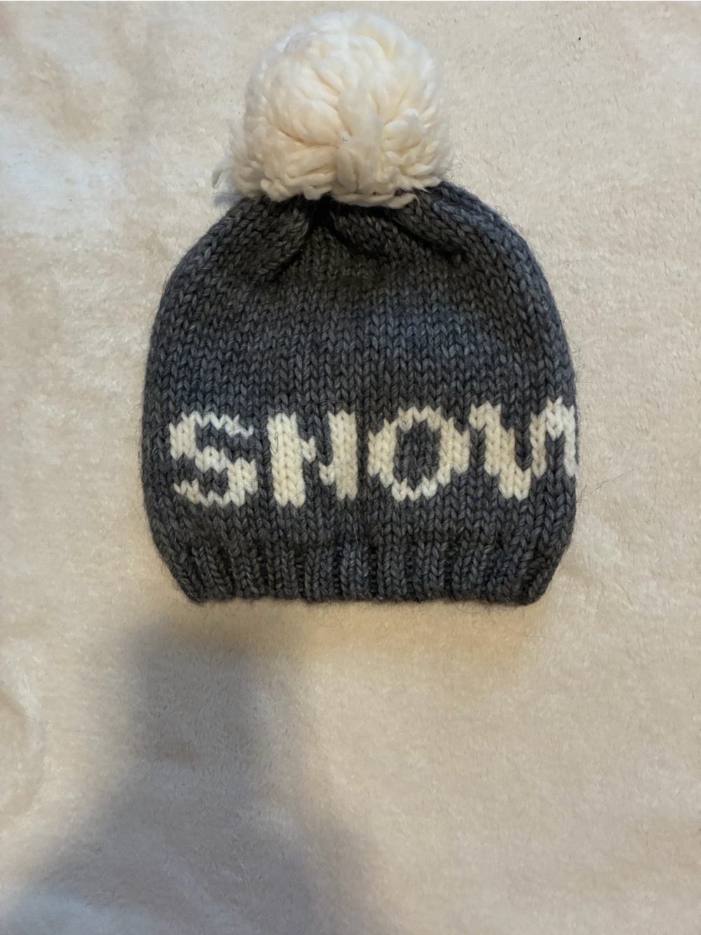 Women’s Gray Knit SNOW Pom Beanie with White Lettering